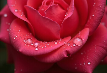 Close-up of a fresh red rose with delicate water droplets, symbolizing romance and beauty.