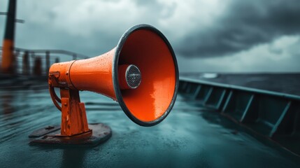 A vivid orange megaphone rests on a wet deck, surrounded by a moody, stormy atmosphere; it symbolizes communication and urgency in a nautical setting.