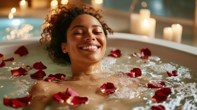 A serene bubble bath adorned with vibrant rose petals, lit candles casting a warm glow, creating an inviting atmosphere for ultimate relaxation and self-care.