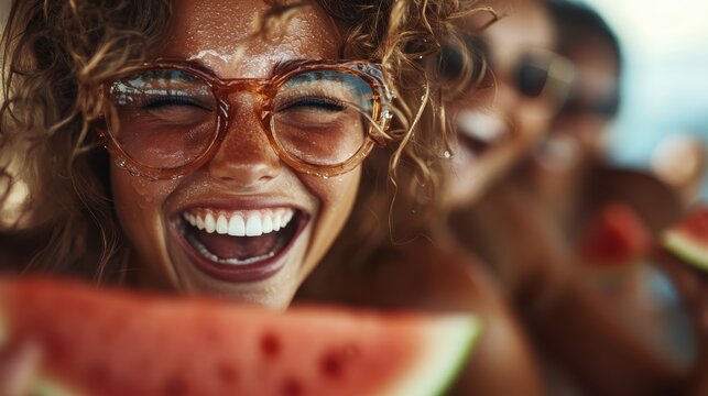 A lively moment captures friends enjoying summer vibes, sharing joyful laughter over slices of fresh watermelon, radiating happiness and carefree spirit against a vibrant backdrop.
