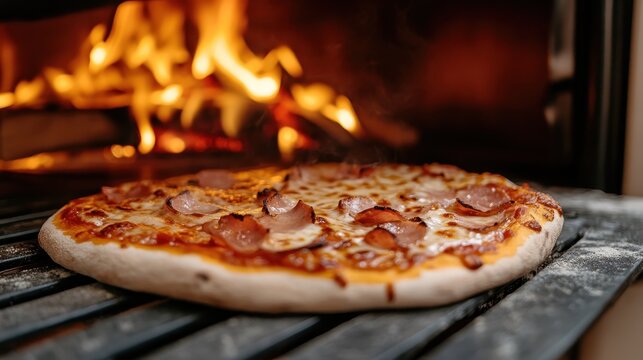 A delicious, freshly baked pizza coming out of a traditional wood-fired oven, emphasizing the artisanal craft of cooking and the delightful flavors of authentic Italian cuisine.