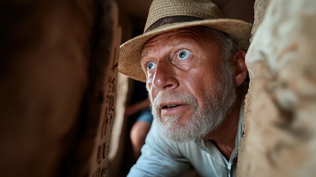 An elderly man wearing a straw hat gazes in wonder while exploring a cave, capturing a moment of curiosity and discovery that evokes a sense of adventure and history.
