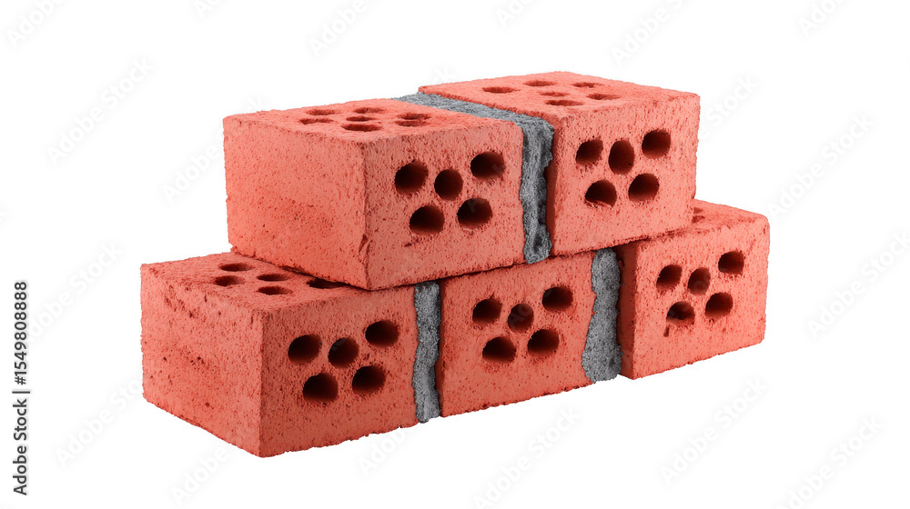 Poster red bricks stacked with mortar, featuring multiple holes for construction use. bricks are arranged i