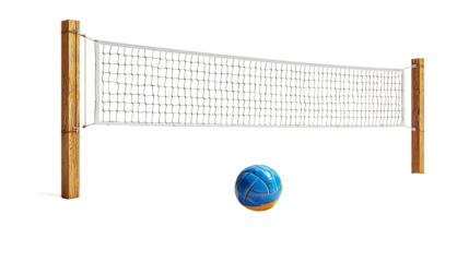 Volleyball Game Setup: A meticulously captured image of a volleyball net poised in the sunlight, with a vibrant blue volleyball resting in the forefront, ready for action. 