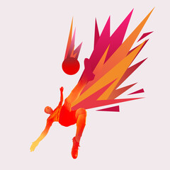 Athletic male soccer player performs bicycle kick surrounded by abstract red and orange bursts. Concept of sport event advertising. Pop-art digital collage.