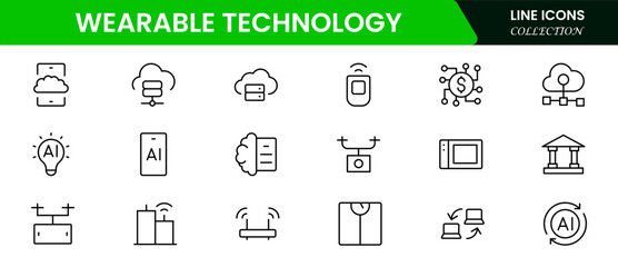 Sleek vector web line icons depicting wearable technology, smartwatches, fitness trackers, sensors, and innovative devices for connected lifestyles.
