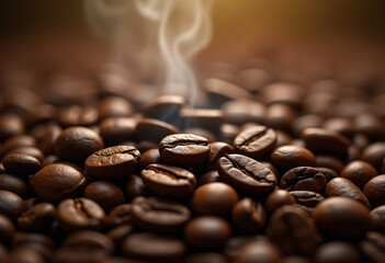 Fresh roasted coffee beans with aromatic steam rising, creating a warm and cozy atmosphere.