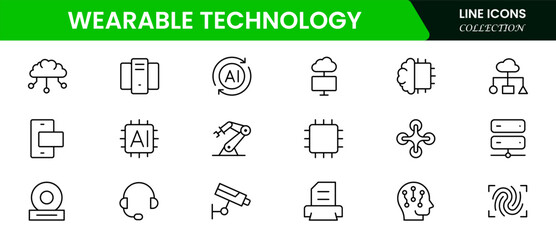 Sleek vector web line icons depicting wearable technology, smartwatches, fitness trackers, sensors, and innovative devices for connected lifestyles.