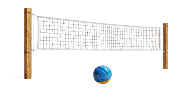 Volleyball Game Setup: A meticulously captured image of a volleyball net poised in the sunlight, with a vibrant blue volleyball resting in the forefront, ready for action. 