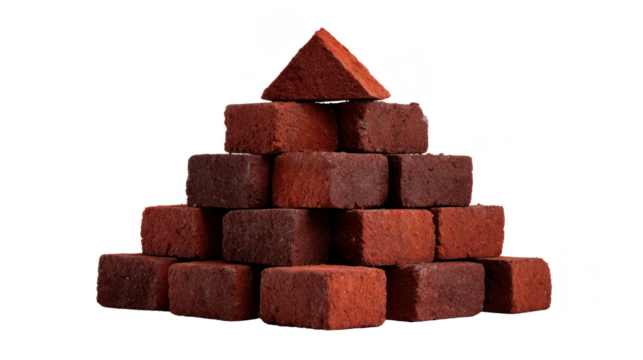 Pyramid of chocolate brownies is stacked in triangular shape, showcasing rich, dark brown color and moist texture. arrangement is visually appealing and suggests delicious treat