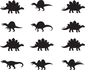 Collection of dinosaur silhouettes including stegosaurus and spinosaurus