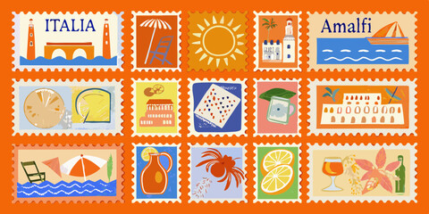 Collection of Italy and Amalfi Coast themed postage stamps illustration design