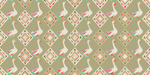Whimsical Goose Pattern with Geometric Diamond Accents on Olive Green Background