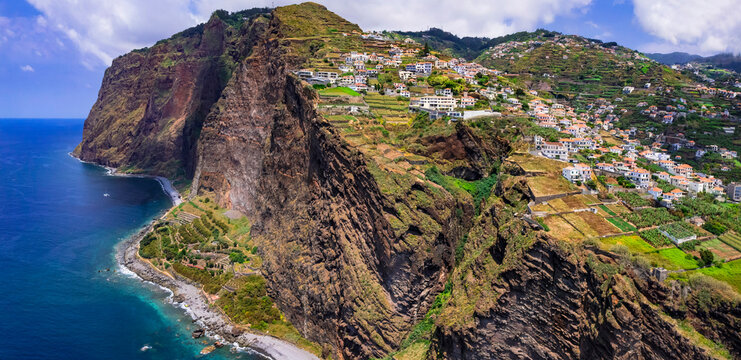 Madeira island most scenic places - impressive highest rocks of Cabo Girao in south and Faja beach down. Portugal