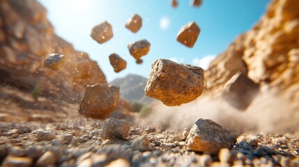 An energetic scene depicts floating rocks in a dusty canyon, illustrating nature's raw power and movement, creating a dramatic visual resonance in an adventurous landscape.