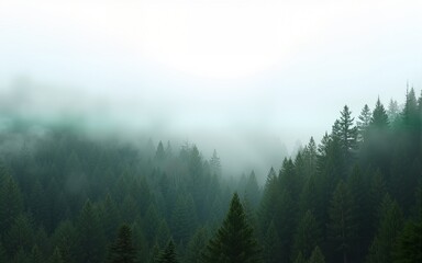 The dense pine forest is shrouded in mist and the greenery stands out against a soft white background, perfect for expressing tranquility or mystery, perfect as a backdrop for a nature theme.