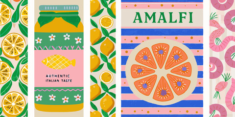 Colorful Italian Inspired Pattern Design with Lemons Fish and Amalfi Coast Theme