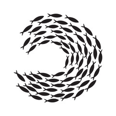 Shoal and fish school. Vector black silhouette. with white background