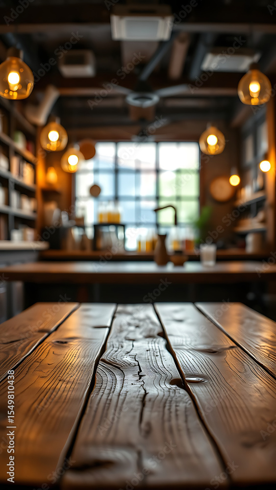 Poster empty wooden table rustic and blurred background of bar or pub for product display high quality phot