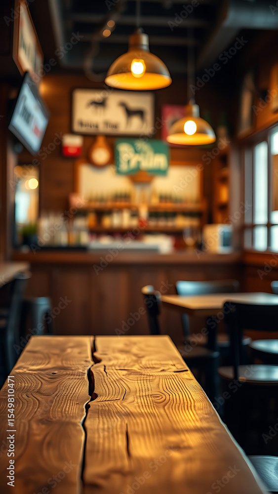 Poster empty wooden table rustic and blurred background of bar or pub for product display high quality phot