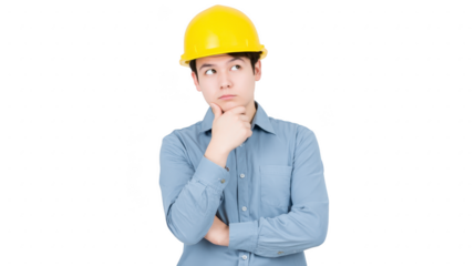 Thoughtful person wearing yellow hard hat and blue shirt is pondering with hand on their chin, conveying sense of contemplation and focus. background is plain, emphasizing individual