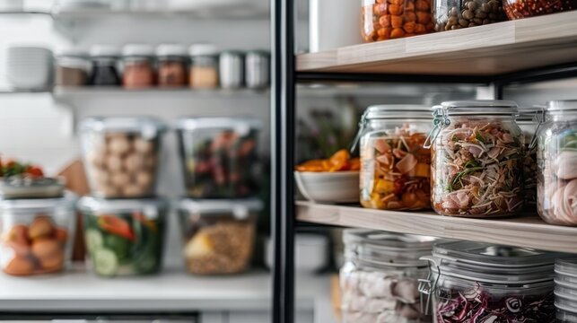A beautifully organized pantry showcasing various jars filled with colorful ingredients, emphasizing neatness and culinary inspiration for home cooks.