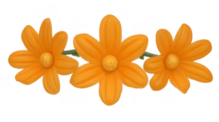 Three vibrant orange flowers with six petals each are arranged row, showcasing their bright and cheerful appearance. flowers have realistic texture and central yellow core, creating lively
