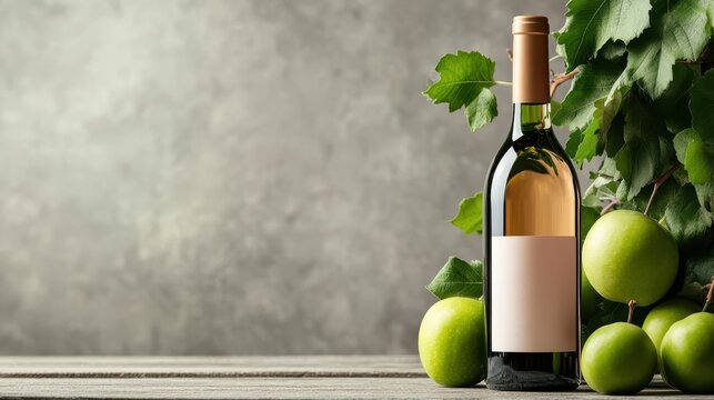 An aesthetically arranged wine bottle alongside fresh green apples, capturing a refined and inviting vibe perfect for wine enthusiasts and culinary artists.