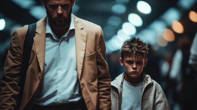 A father and son navigate a dimly lit urban setting, capturing a poignant moment of connection and contemplation amidst the neon glow of city lights.