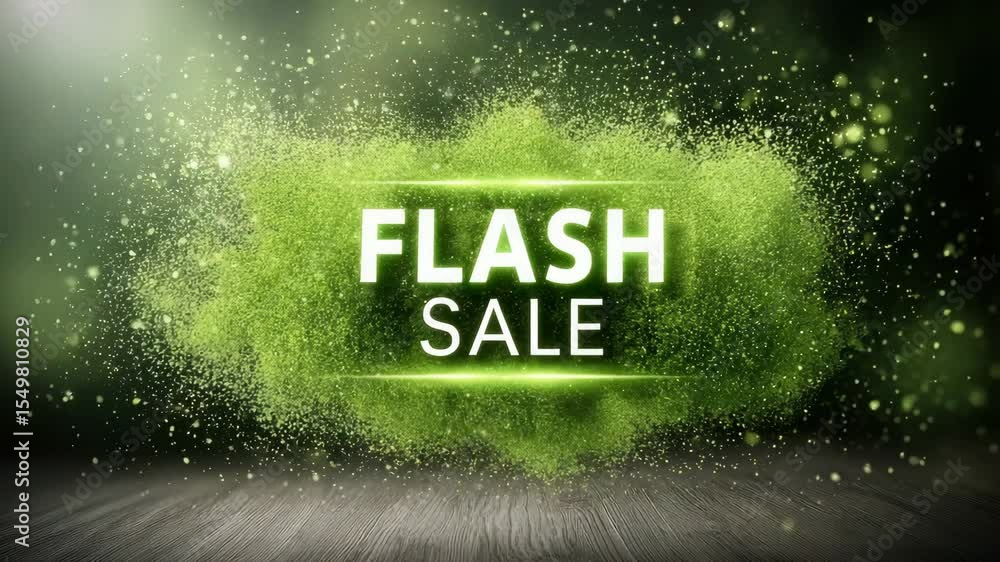 Poster dynamic green flash sale animation with explosive particle effects on wooden surface