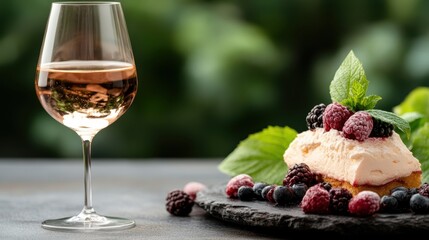 An exquisite dessert topped with fresh berries is beautifully arranged beside a glass of wine, evoking a sense of indulgence and culinary creativity in a stunning setting.