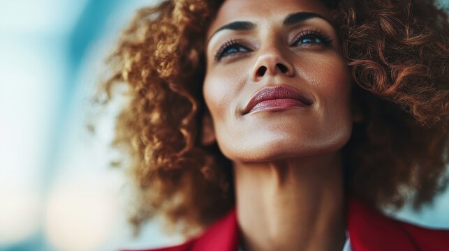 A close-up portrait of a woman with curly hair, looking determinedly upward, symbolizing confidence, strength, and a hopeful outlook towards the future. - Powered by Adobe
