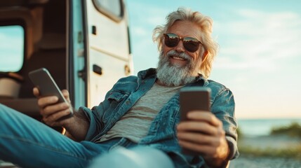 A cheerful older man with a beard leisurely holds smartphones while relaxing outside, embodying a carefree lifestyle filled with technology and joy in nature.