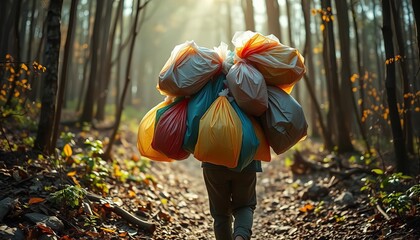 Figure carrying overflowing plastic bags through woods,  waste,  environmentalism