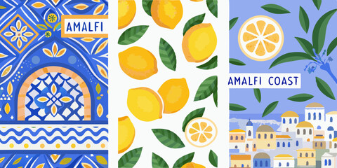 Amalfi Coast Inspired Patterns with Lemons Tiles and Coastline Illustrations