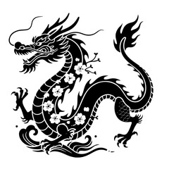 Ornate Chinese dragon silhouette with cherry blossoms illustration