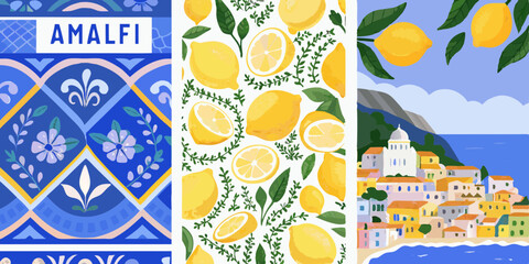 Amalfi Coast Lemon Pattern and Coastal Town