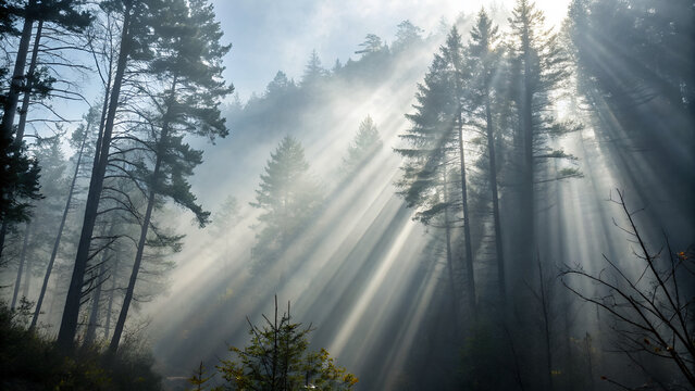Dramatic sun rays piercing through a misty pine forest in the early morning - Powered by Adobe