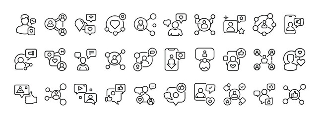 Set of Social Media and Sharing Icons – Outline Style User Network, Like, and Share Symbols