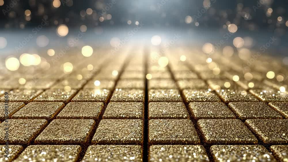 Poster golden glitter pathway with bokeh lights and sparkling tiles creating a magical atmosphere