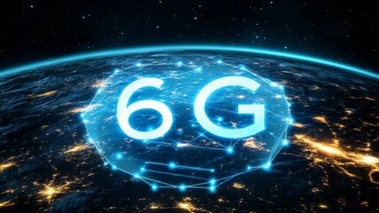 Futuristic 6g network technology hologram above earth at night, digital connectivity evolution - Powered by Adobe