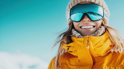 A joyful woman dressed in bright winter gear smiles broadly against a clear blue sky on the ski slopes, exuding happiness and the spirit of adventure in snow sports.