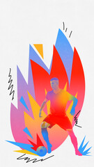 Male soccer player surrounded by vibrant flame-like pop shapes. Dynamic pop art collage style with explosive shapes and vibrant gradients to express energy, movement, and youth culture in modern