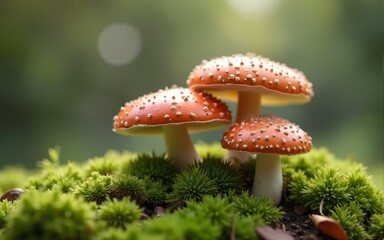 Obraz premium A group of mushrooms on a moss-covered ground, suitable for nature and gardening themes. High quality