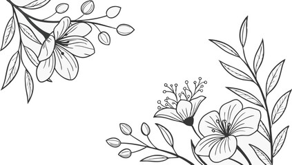 Luxury botanical background with trendy wildflowers and minimalist flowers for wall decoration or wedding. a minimalistic and elegant black and white vector illustration of hand-drawn floral elements 