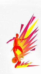 Energetic male football player mid-action in bright dynamic pop explosion effect with red and...