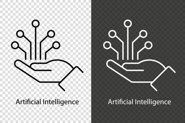 Hand holding circuit lines symbolizing Artificial Intelligence. Vector icon on transparent background, shown in black and white versions. Pixel perfect. Editable stroke