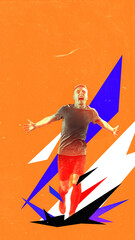 Expressive athlete celebrating a goal on orange pop art background with modern abstract elements. Concept of event poster design, promotional banners, flyers. Neon athletic cutout style
