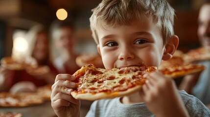 A joyful child takes a big bite of a cheesy pizza slice, capturing the essence of happiness and indulgence in a fun dining experience with family or friends.