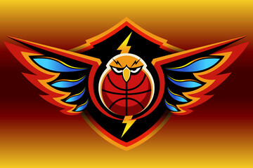 
Bold basketball logo featuring a fierce hawk face fused with a basketball, extended wings, and lightning bolt, perfect for sports branding and dynamic design.